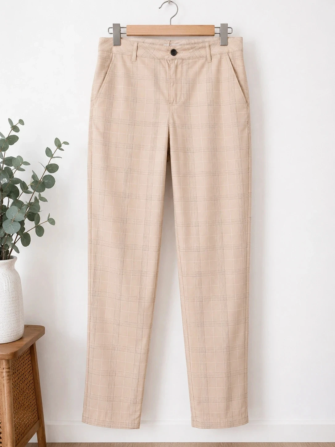 Pantalon femme beige à carreaux – Taille 40 – Coupe droite